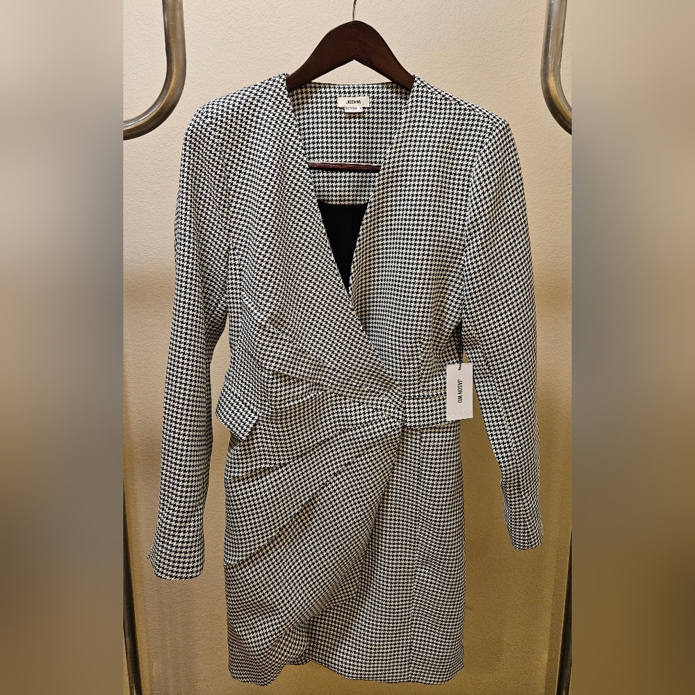 Jason Wu Black and White Houndstooth Draped Wrap Mini Dress NWT